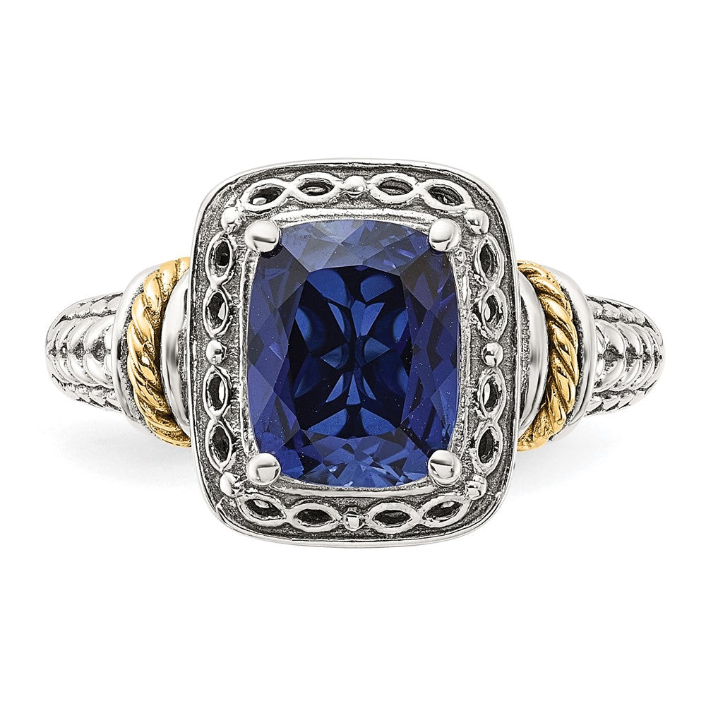 Sterling Silver w/14k Antiqued Lab Created Sapphire Ring