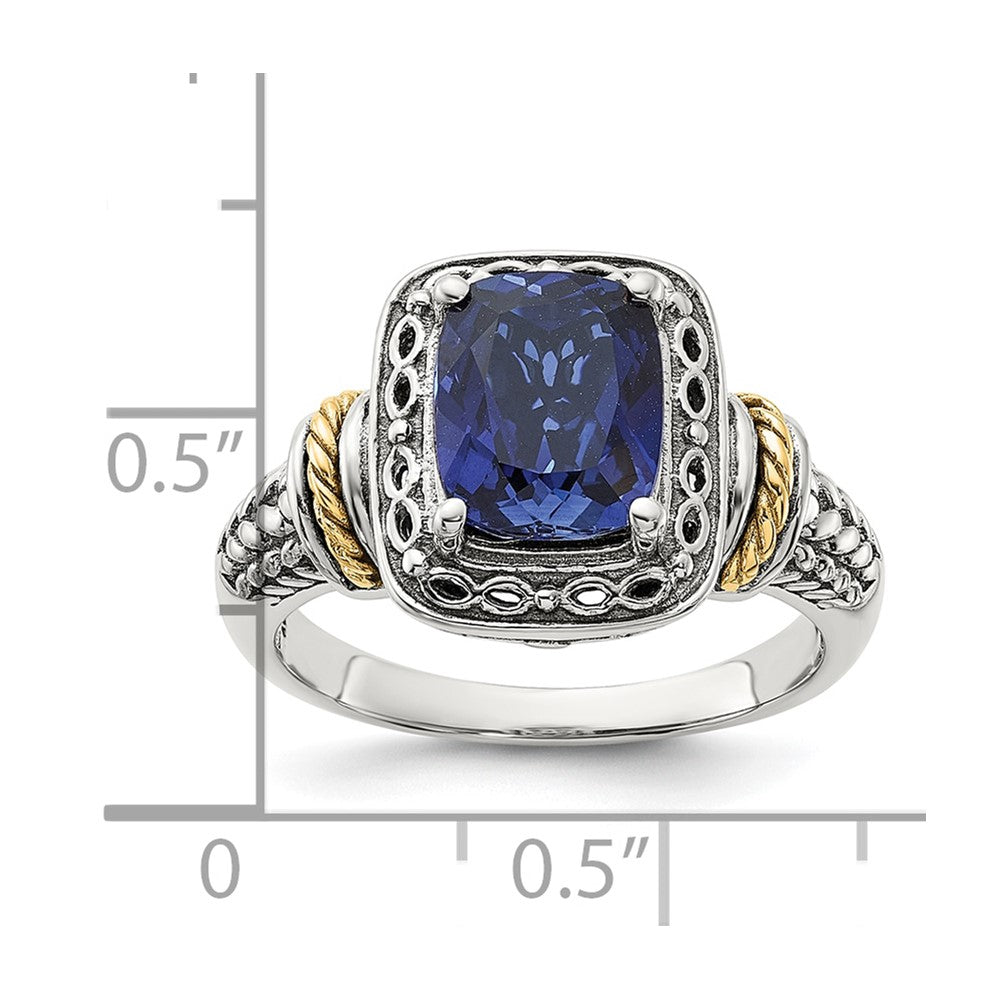 Sterling Silver w/14k Antiqued Lab Created Sapphire Ring