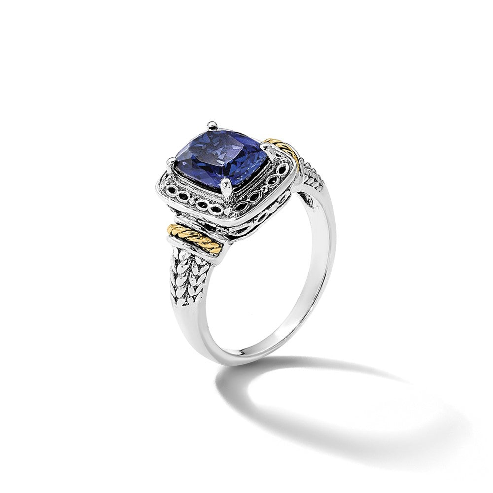 Sterling Silver w/14k Antiqued Lab Created Sapphire Ring