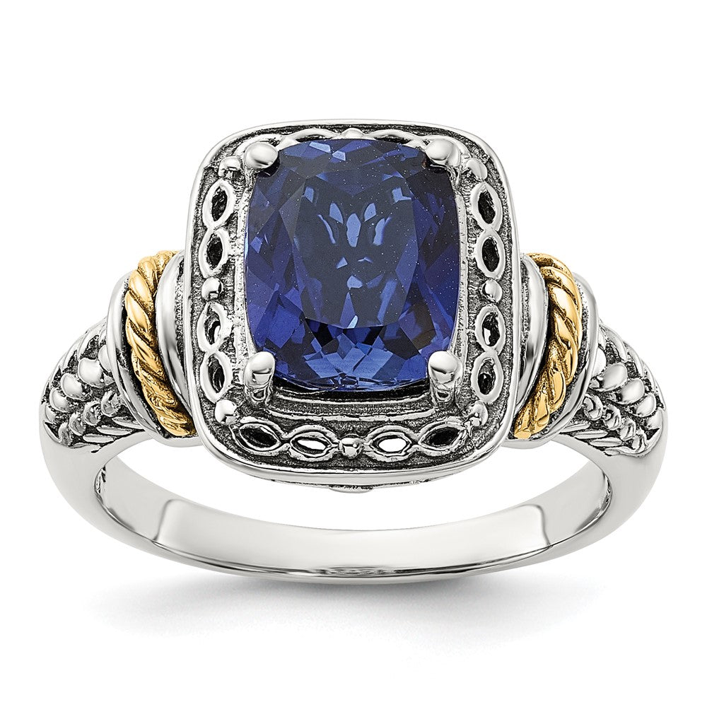 Sterling Silver w/14k Antiqued Lab Created Sapphire Ring