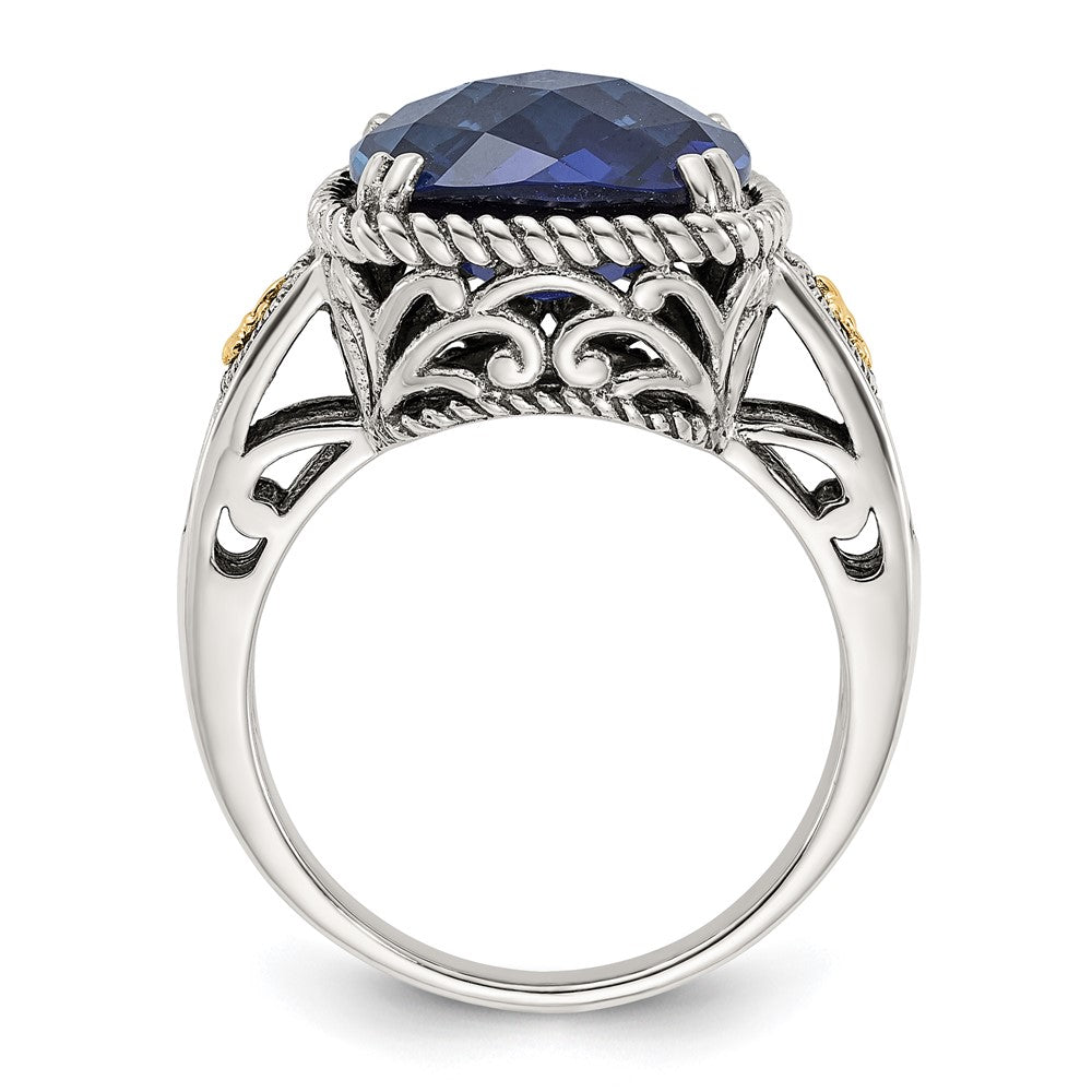 Sterling Silver w/14k Antiqued Lab Creat.Checker Cushion Sapphire Ring
