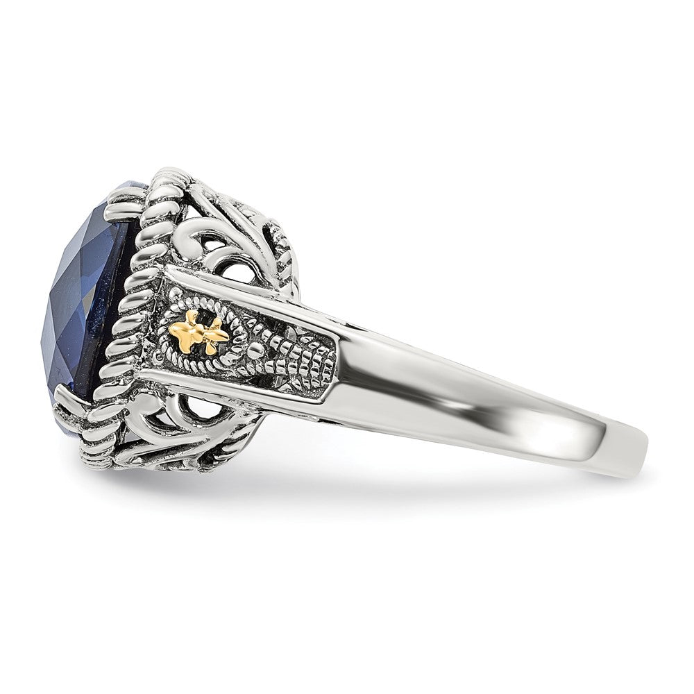 Sterling Silver w/14k Antiqued Lab Creat.Checker Cushion Sapphire Ring
