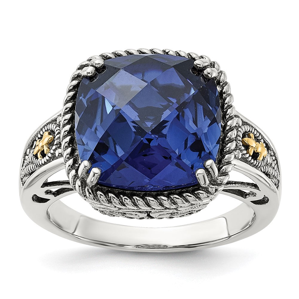 Sterling Silver w/14k Antiqued Lab Creat.Checker Cushion Sapphire Ring
