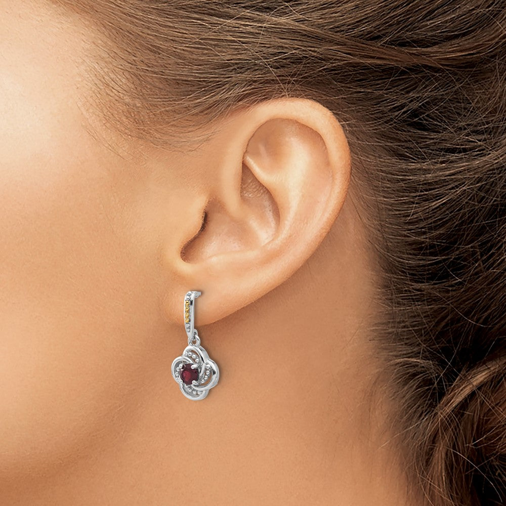 Sterling Silver Rhodium-plated w/14K Garnet Dangle Post Earrings