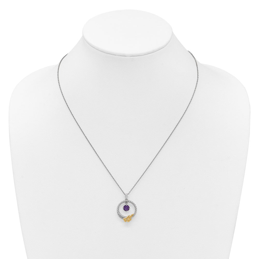 SS RH-plated w/ 14k Accent Twisted Amethyst Leaf Circle Necklace