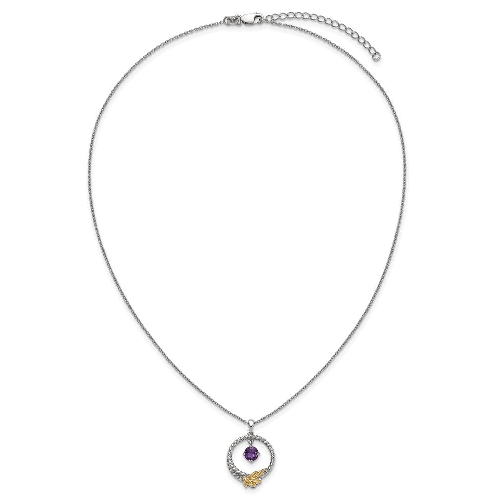 SS RH-plated w/ 14k Accent Twisted Amethyst Leaf Circle Necklace