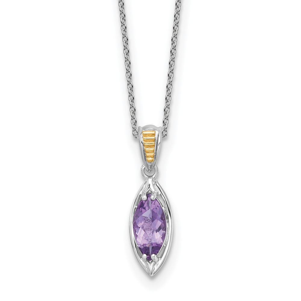 Sterling Silver RH-plated w/14k Accent Amethyst Navette Necklace