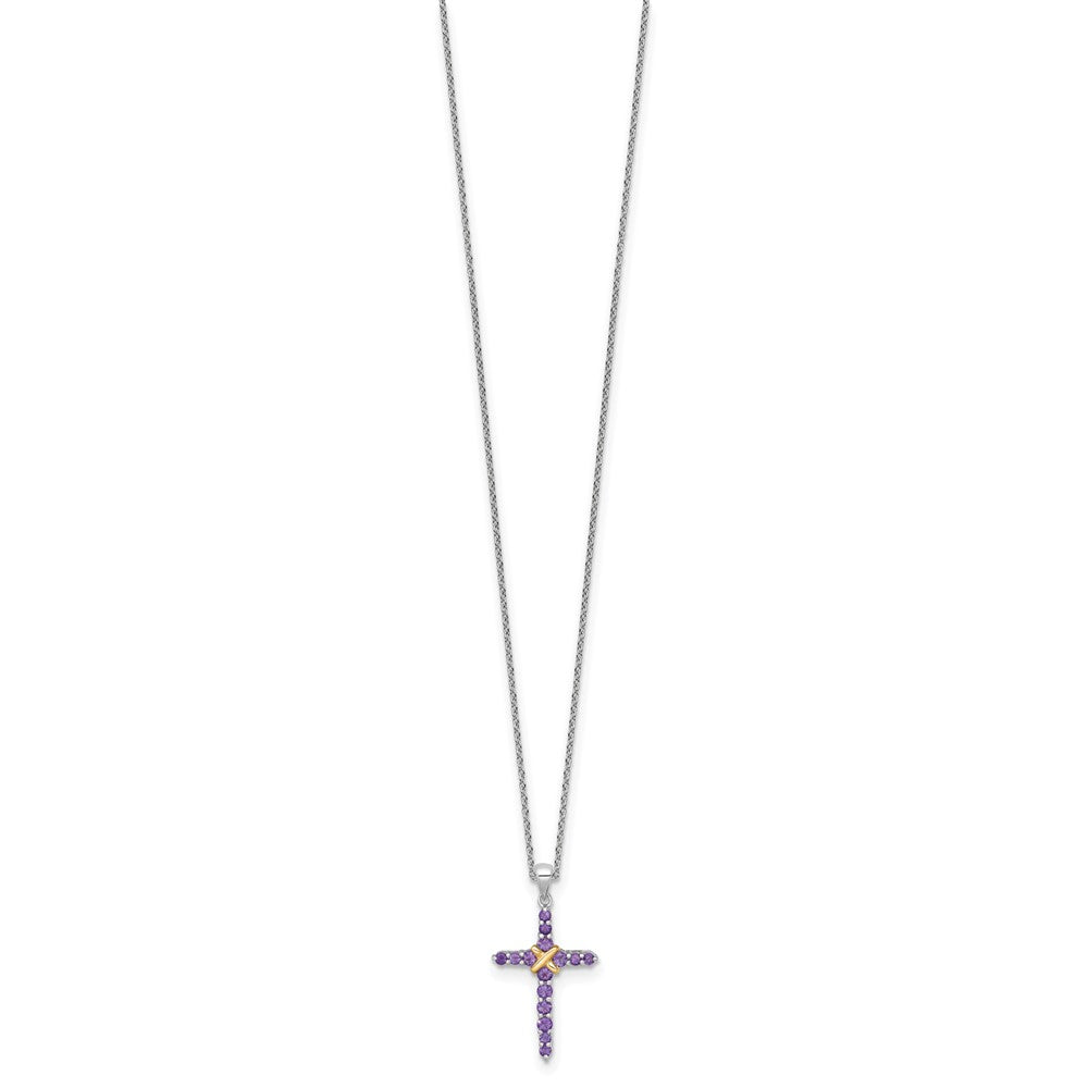 Sterling Silver RH-plated w/14k Accent Amethyst Cross Necklace