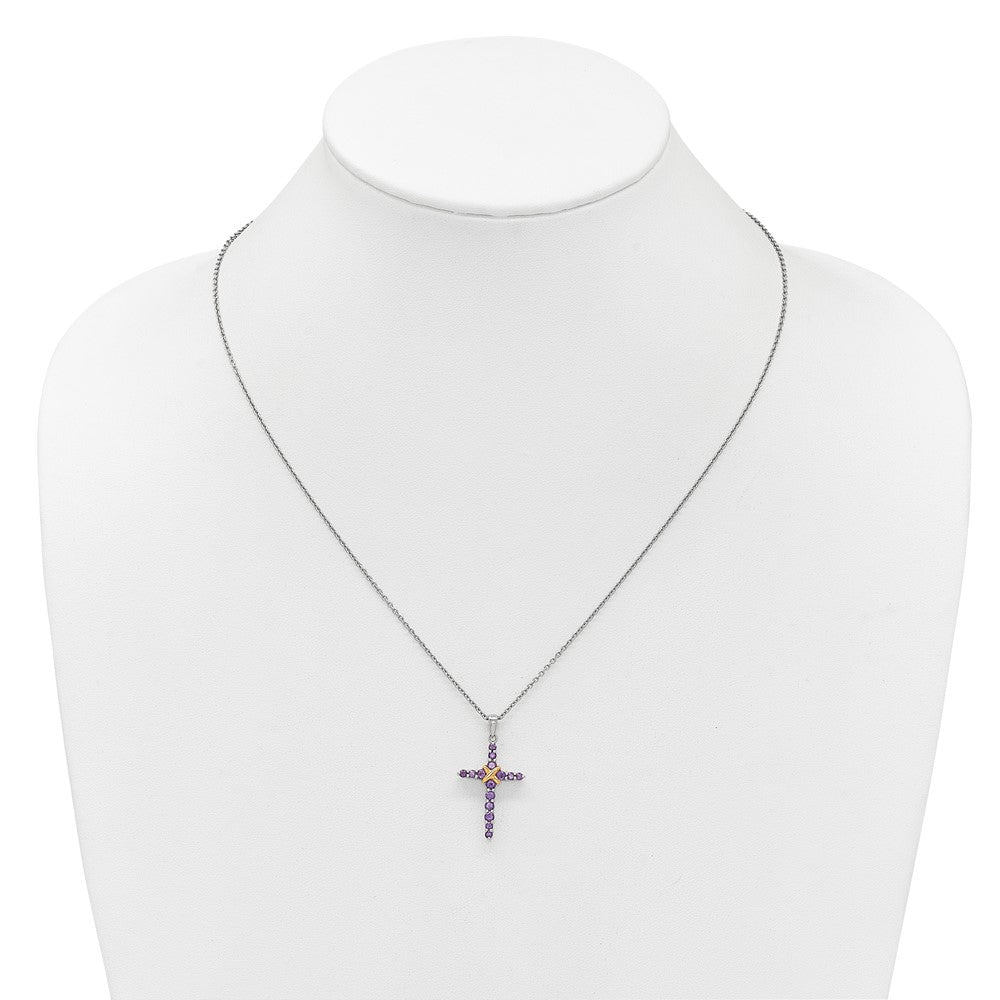 Sterling Silver RH-plated w/14k Accent Amethyst Cross Necklace