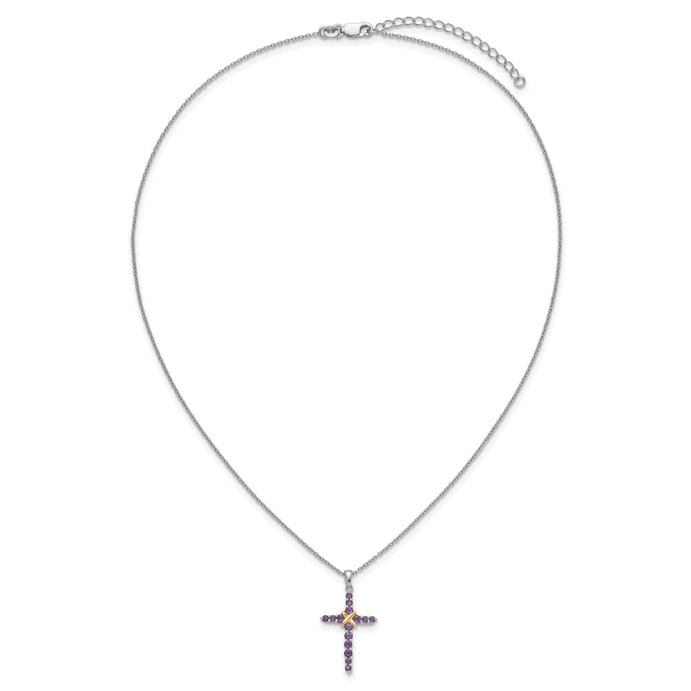 Sterling Silver RH-plated w/14k Accent Amethyst Cross Necklace
