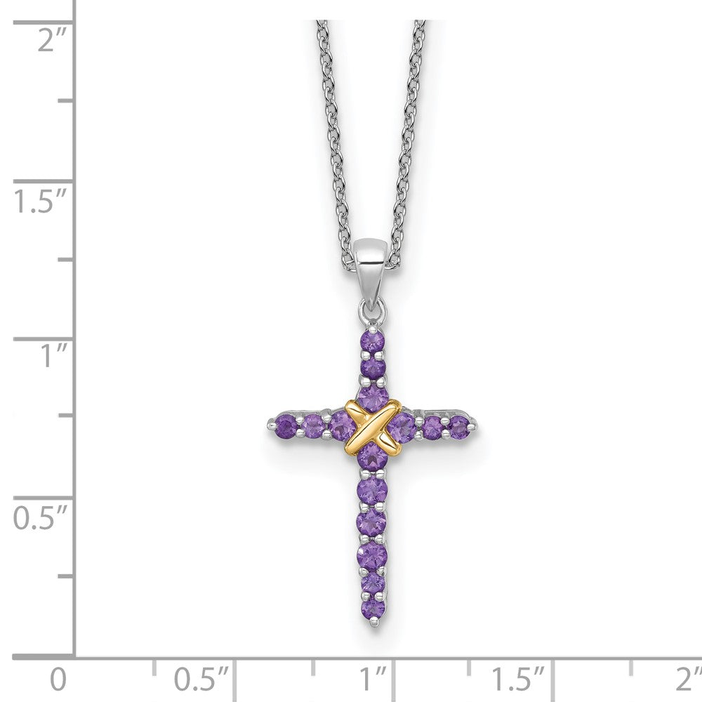 Sterling Silver RH-plated w/14k Accent Amethyst Cross Necklace