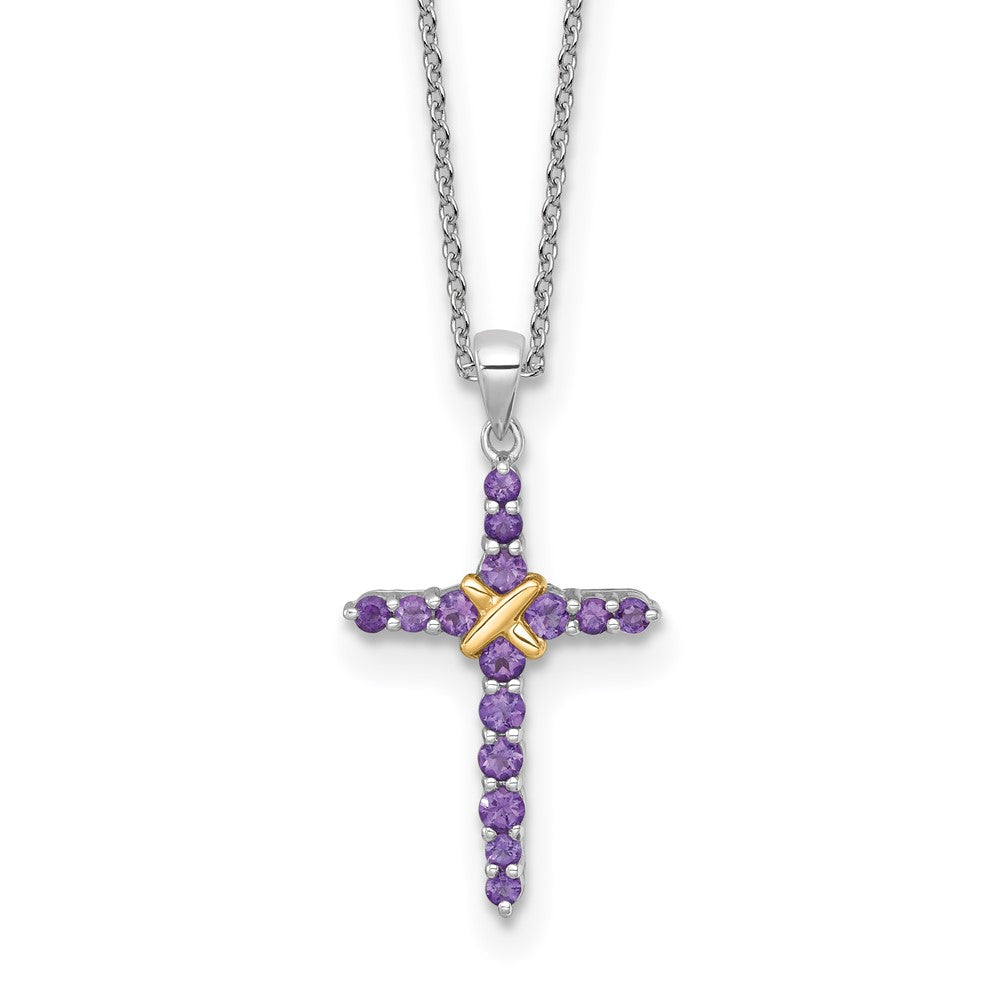 Sterling Silver RH-plated w/14k Accent Amethyst Cross Necklace