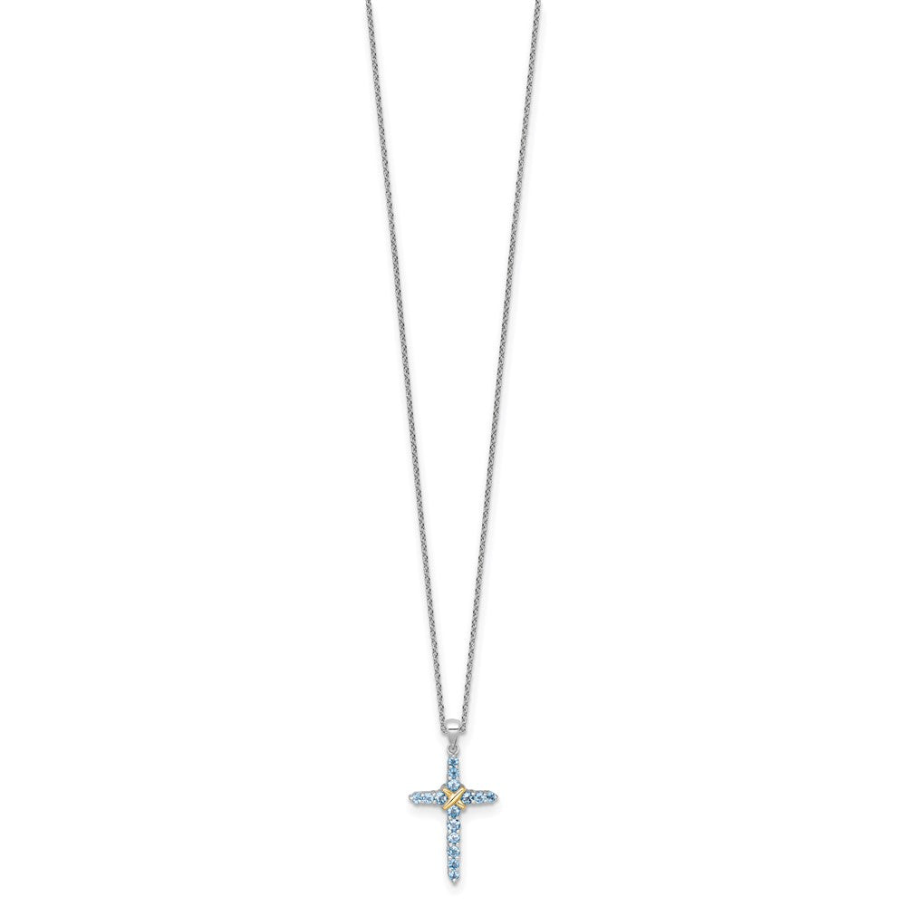 SS RH-plated w/14k Accent Light Swiss Blue Topaz Cross Necklace