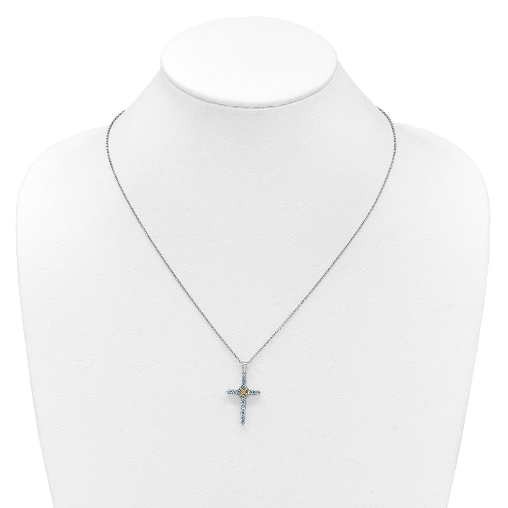 SS RH-plated w/14k Accent Light Swiss Blue Topaz Cross Necklace