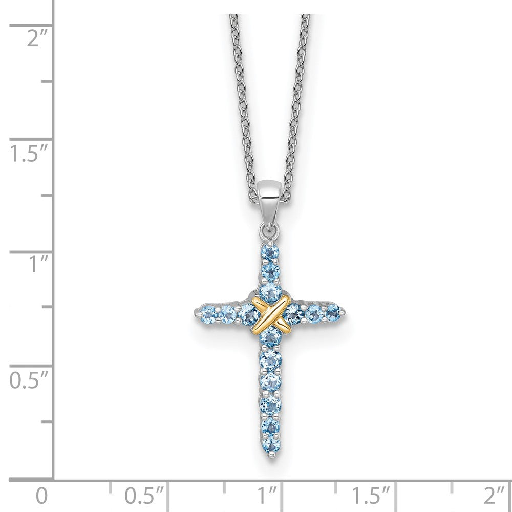 SS RH-plated w/14k Accent Light Swiss Blue Topaz Cross Necklace