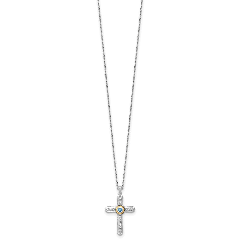 SS RH-pltd w/ 14k Accent Textured London Blue Topaz Cross Necklace