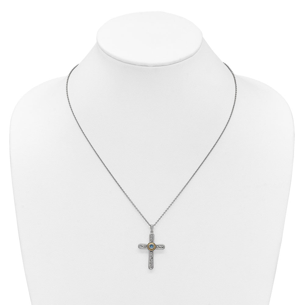 SS RH-pltd w/ 14k Accent Textured London Blue Topaz Cross Necklace