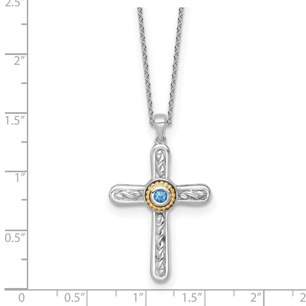 SS RH-pltd w/ 14k Accent Textured London Blue Topaz Cross Necklace
