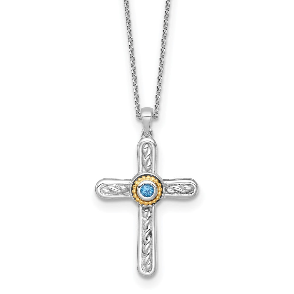 SS RH-pltd w/ 14k Accent Textured London Blue Topaz Cross Necklace
