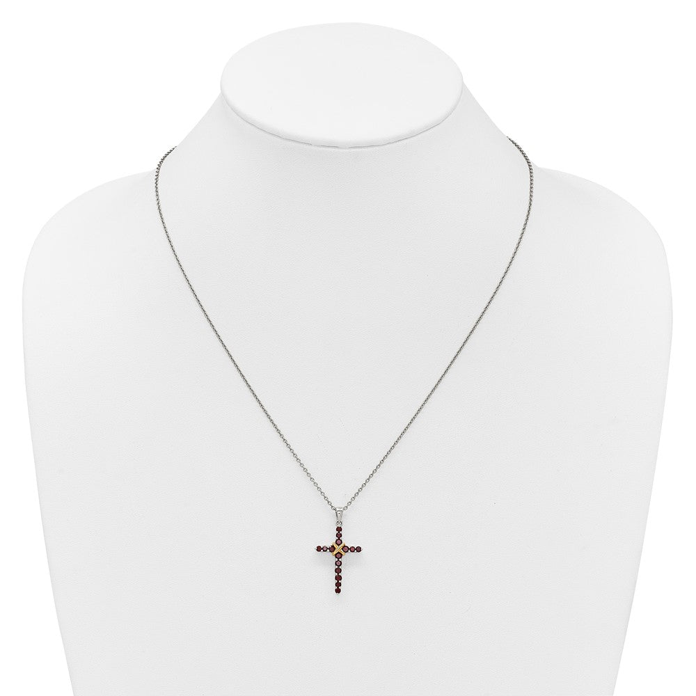 Sterling Silver Rhodium-plated w/14k Accent Garnet Cross Necklace