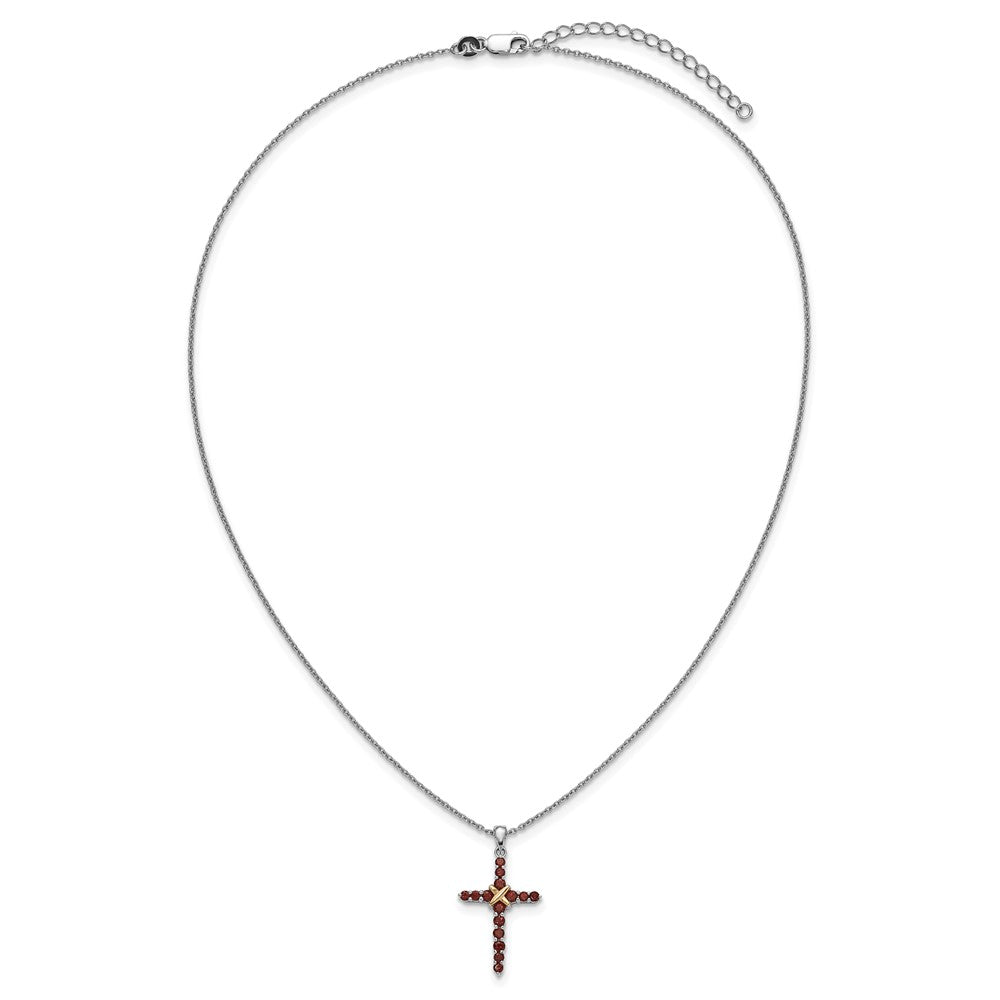 Sterling Silver Rhodium-plated w/14k Accent Garnet Cross Necklace