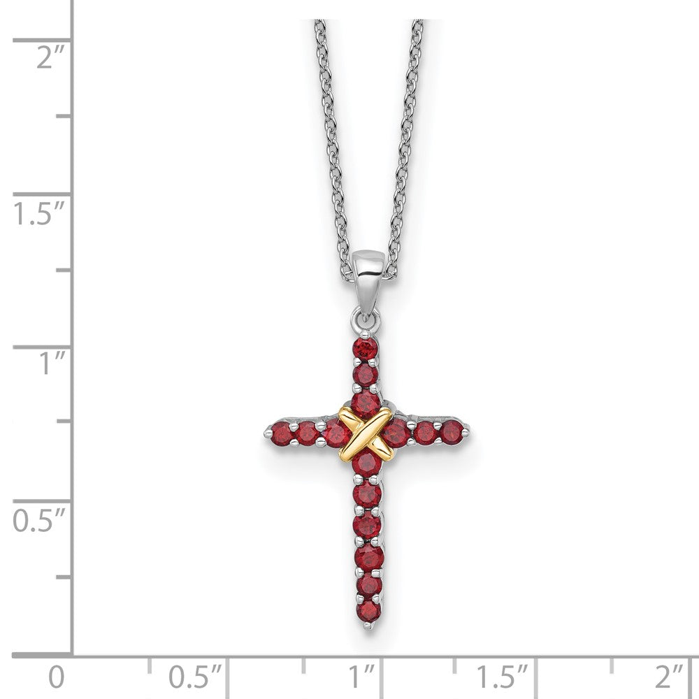 Sterling Silver Rhodium-plated w/14k Accent Garnet Cross Necklace