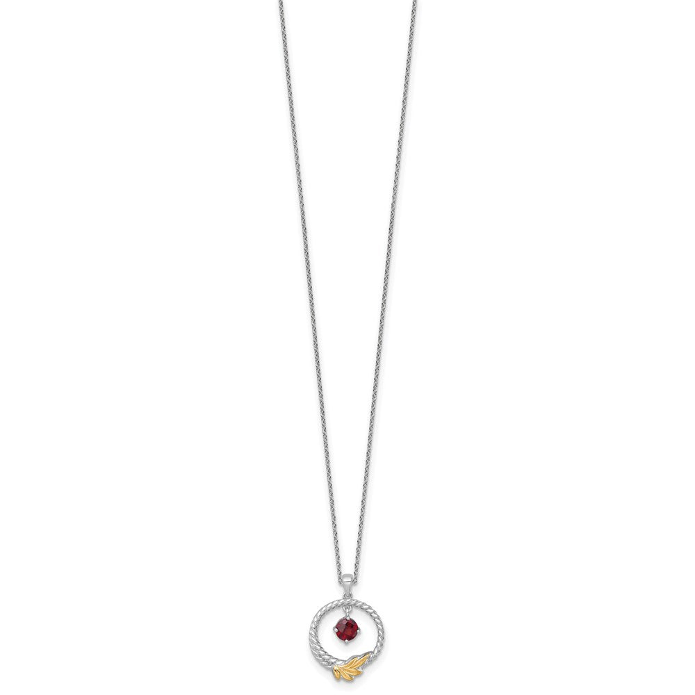 SS RH-plated w/ 14k Accent Twisted Garnet Leaf Circle Necklace