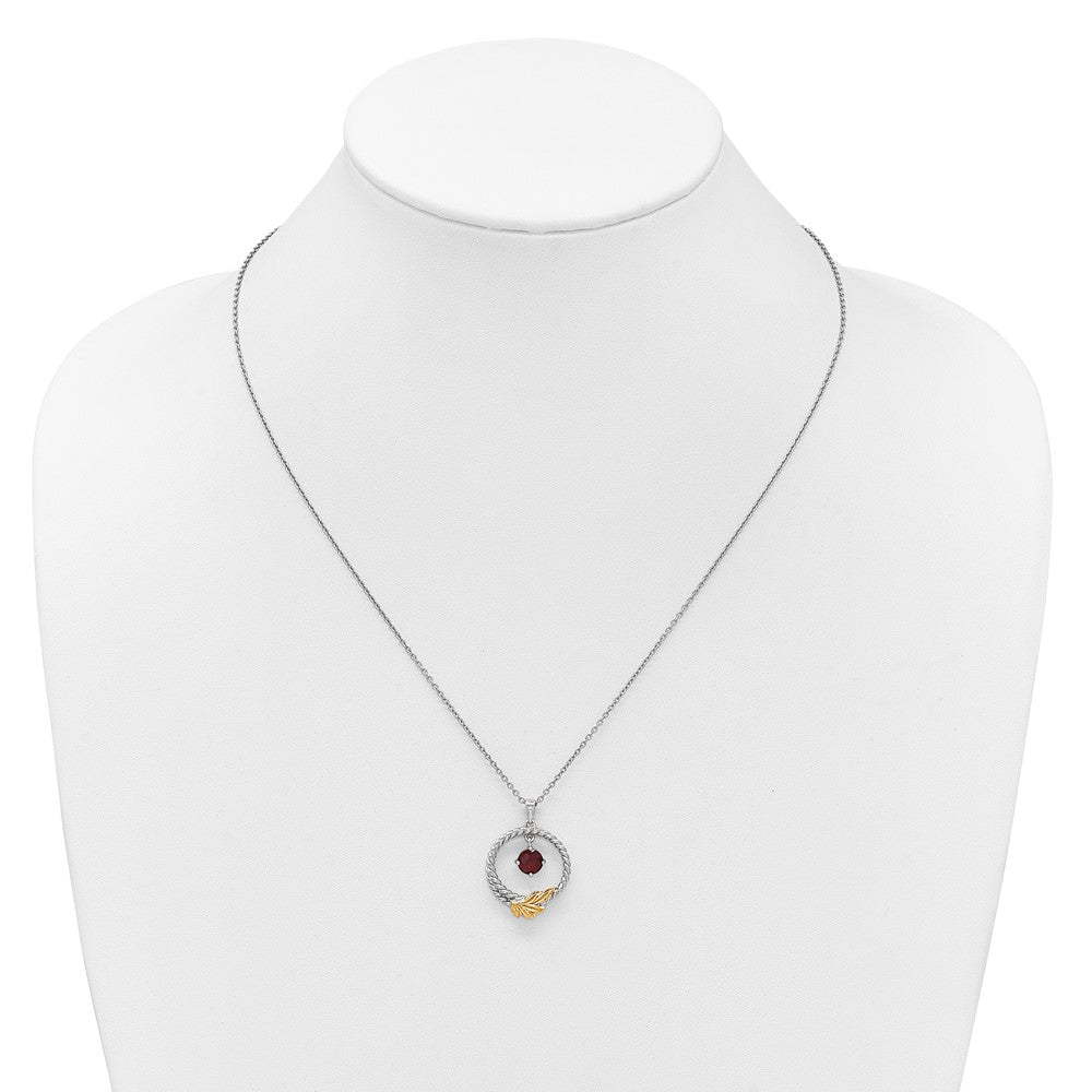 SS RH-plated w/ 14k Accent Twisted Garnet Leaf Circle Necklace