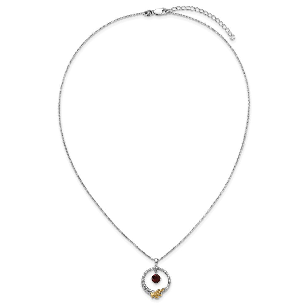 SS RH-plated w/ 14k Accent Twisted Garnet Leaf Circle Necklace