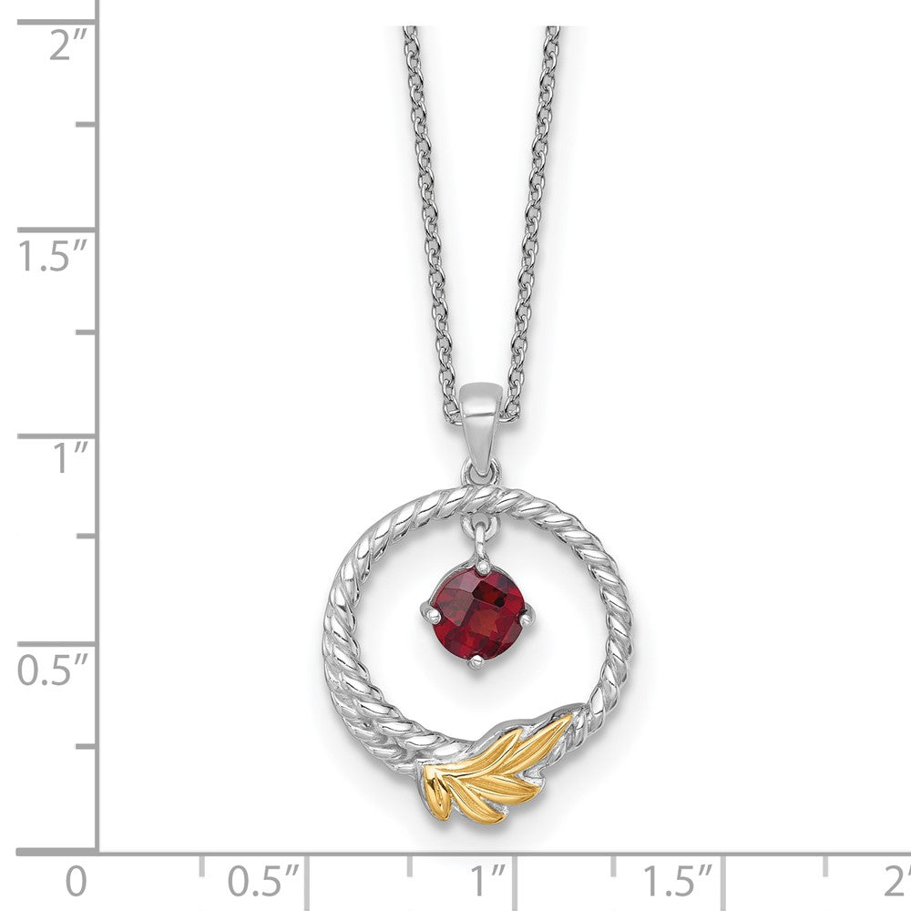 SS RH-plated w/ 14k Accent Twisted Garnet Leaf Circle Necklace