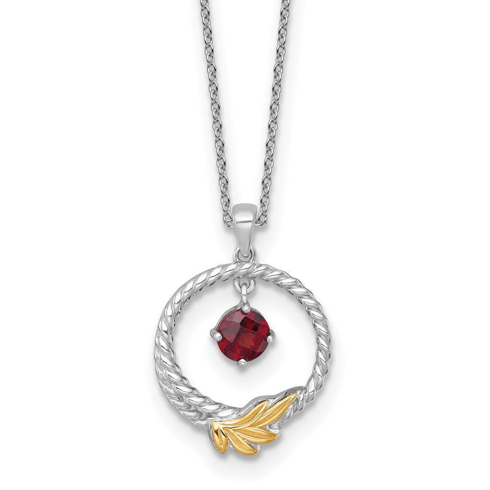 SS RH-plated w/ 14k Accent Twisted Garnet Leaf Circle Necklace
