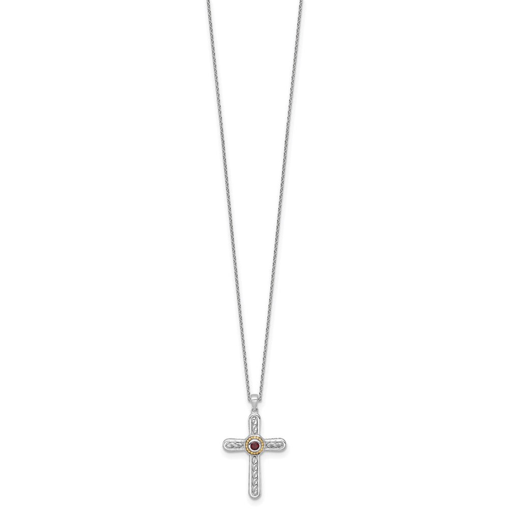 SS RH-plated w/ 14k Accent Textured Garnet Cross Necklace