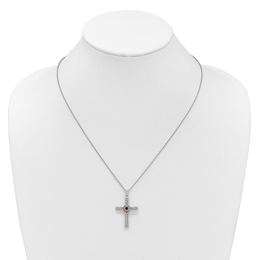 SS RH-plated w/ 14k Accent Textured Garnet Cross Necklace