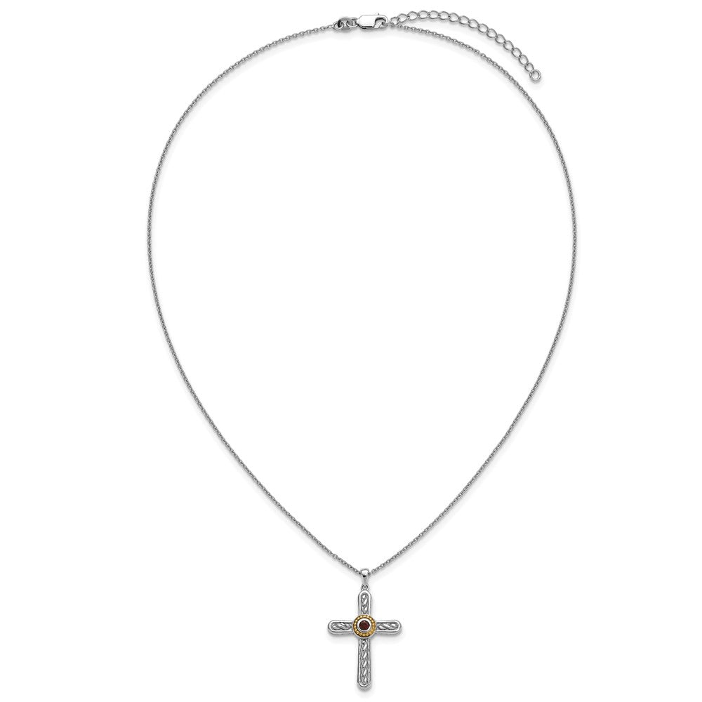 SS RH-plated w/ 14k Accent Textured Garnet Cross Necklace