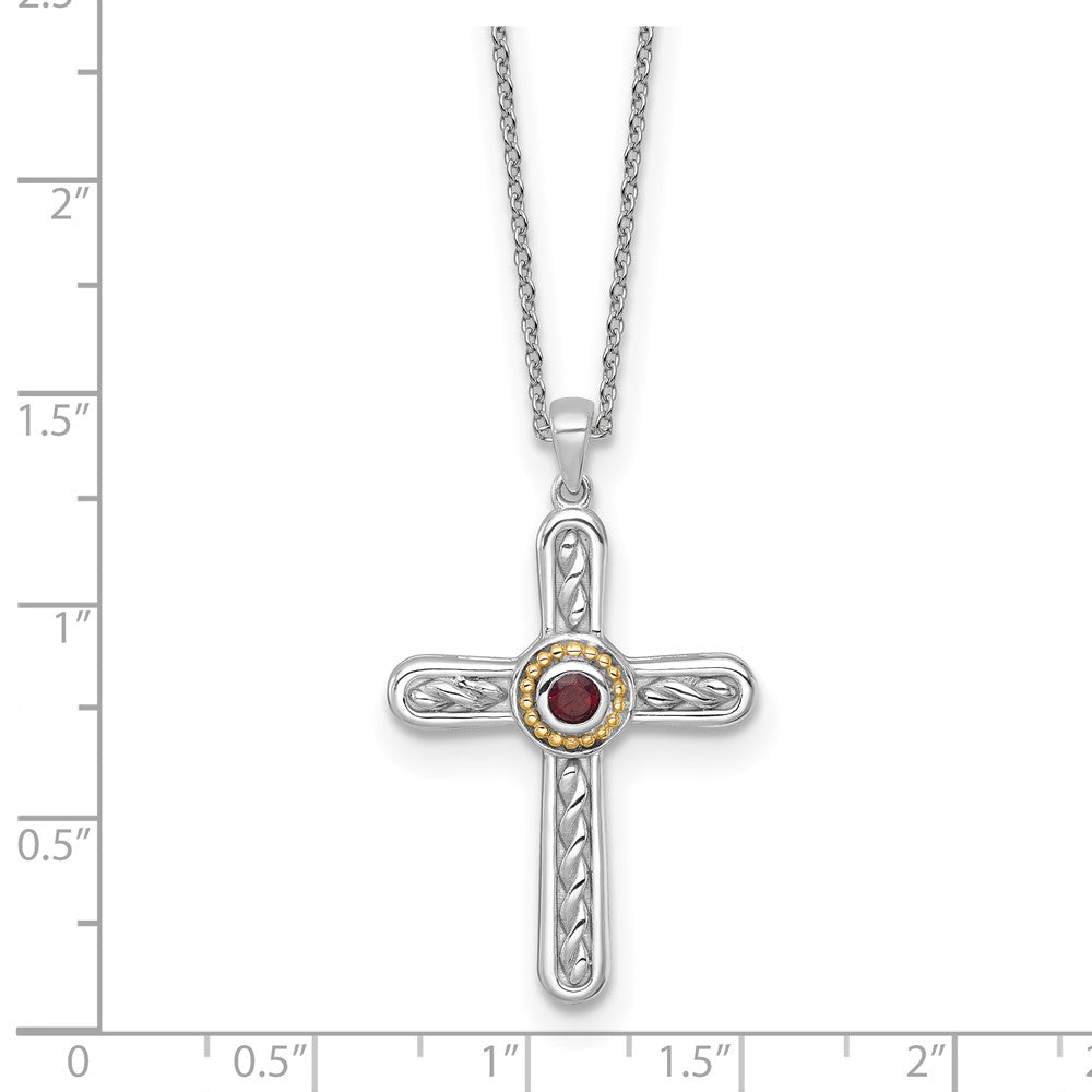 SS RH-plated w/ 14k Accent Textured Garnet Cross Necklace
