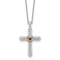 SS RH-plated w/ 14k Accent Textured Garnet Cross Necklace
