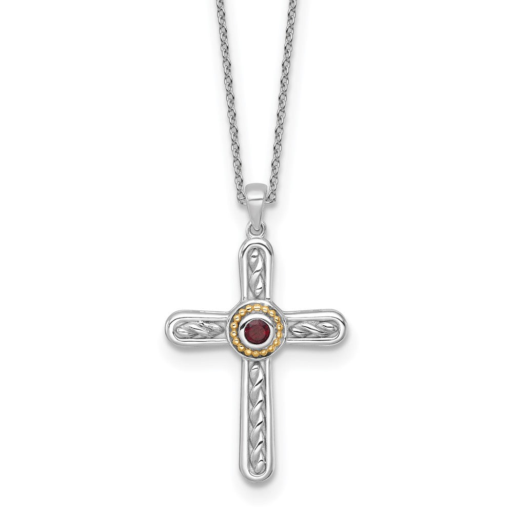 SS RH-plated w/ 14k Accent Textured Garnet Cross Necklace