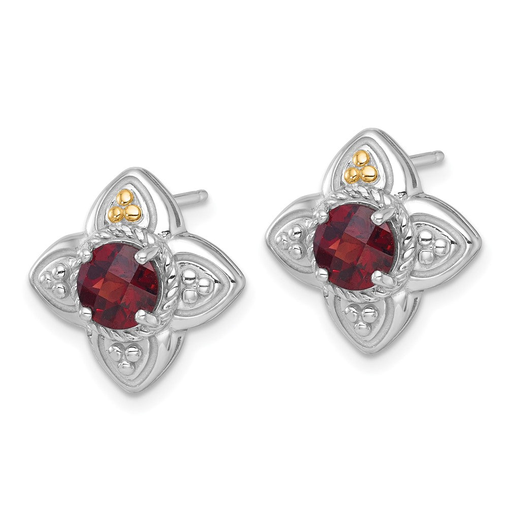 Sterling Silver RH-plated w/14k Accent Garnet Flower Post Earrings