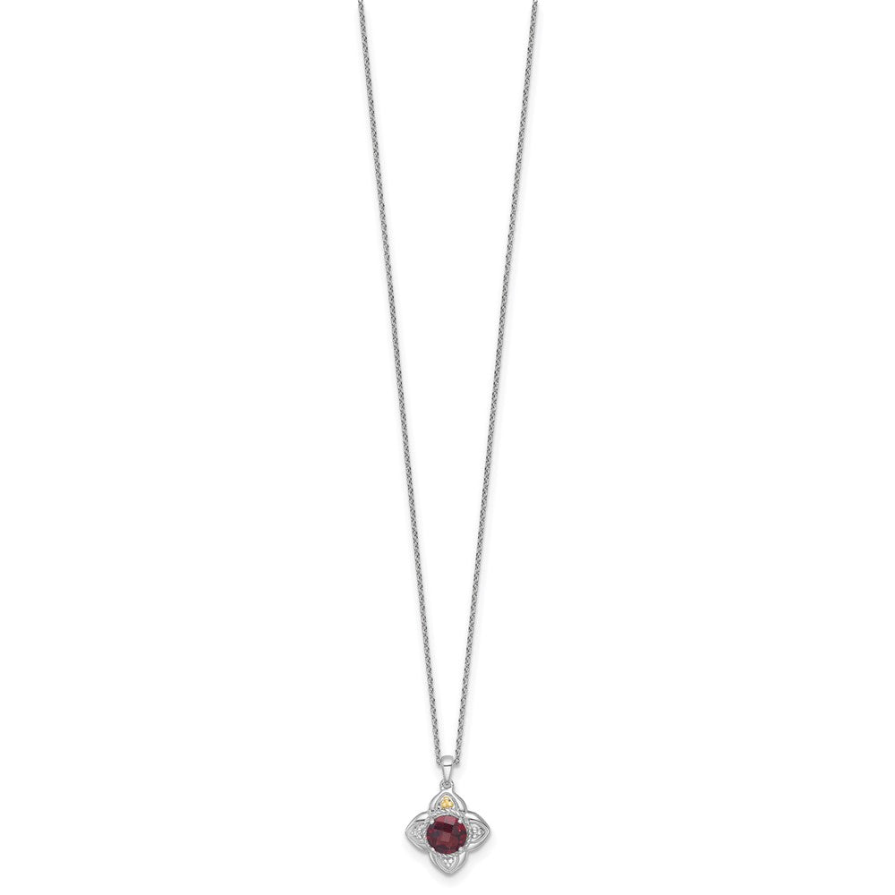 Sterling Silver RH-plated w/14k Accent Garnet Flower Necklace