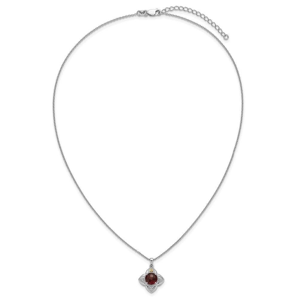 Sterling Silver RH-plated w/14k Accent Garnet Flower Necklace