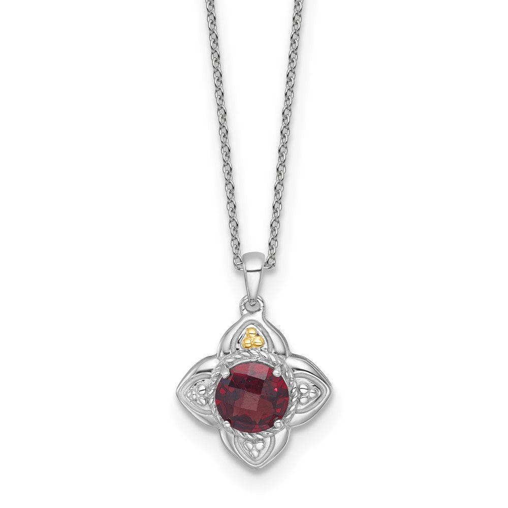 Sterling Silver RH-plated w/14k Accent Garnet Flower Necklace