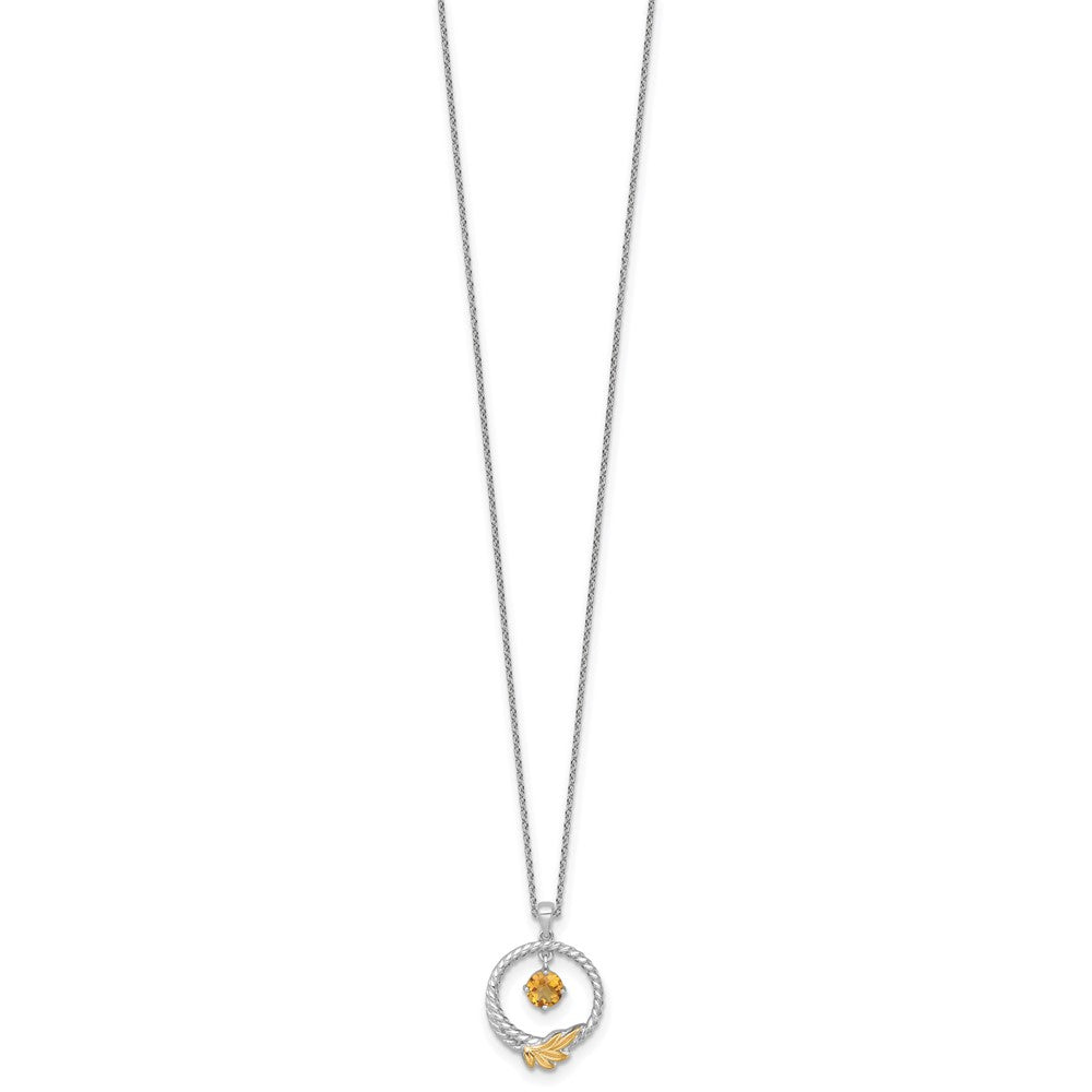 SS RH-plated w/ 14k Accent Twisted Citrine Leaf Circle Necklace