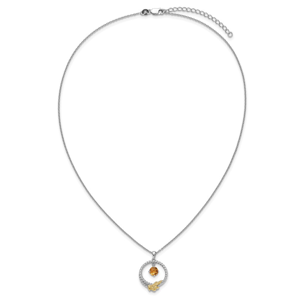 SS RH-plated w/ 14k Accent Twisted Citrine Leaf Circle Necklace