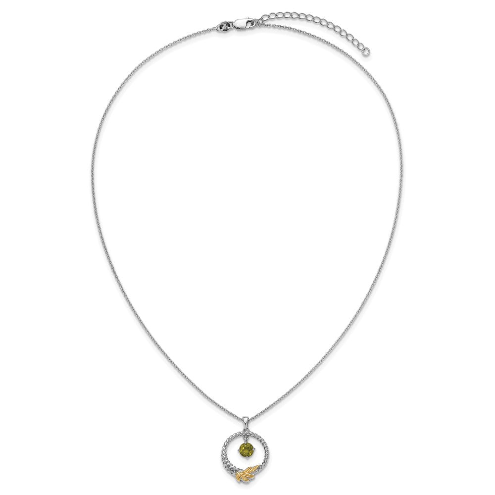 SS RH-plated w/ 14k Accent Twisted Peridot Leaf Circle Necklace