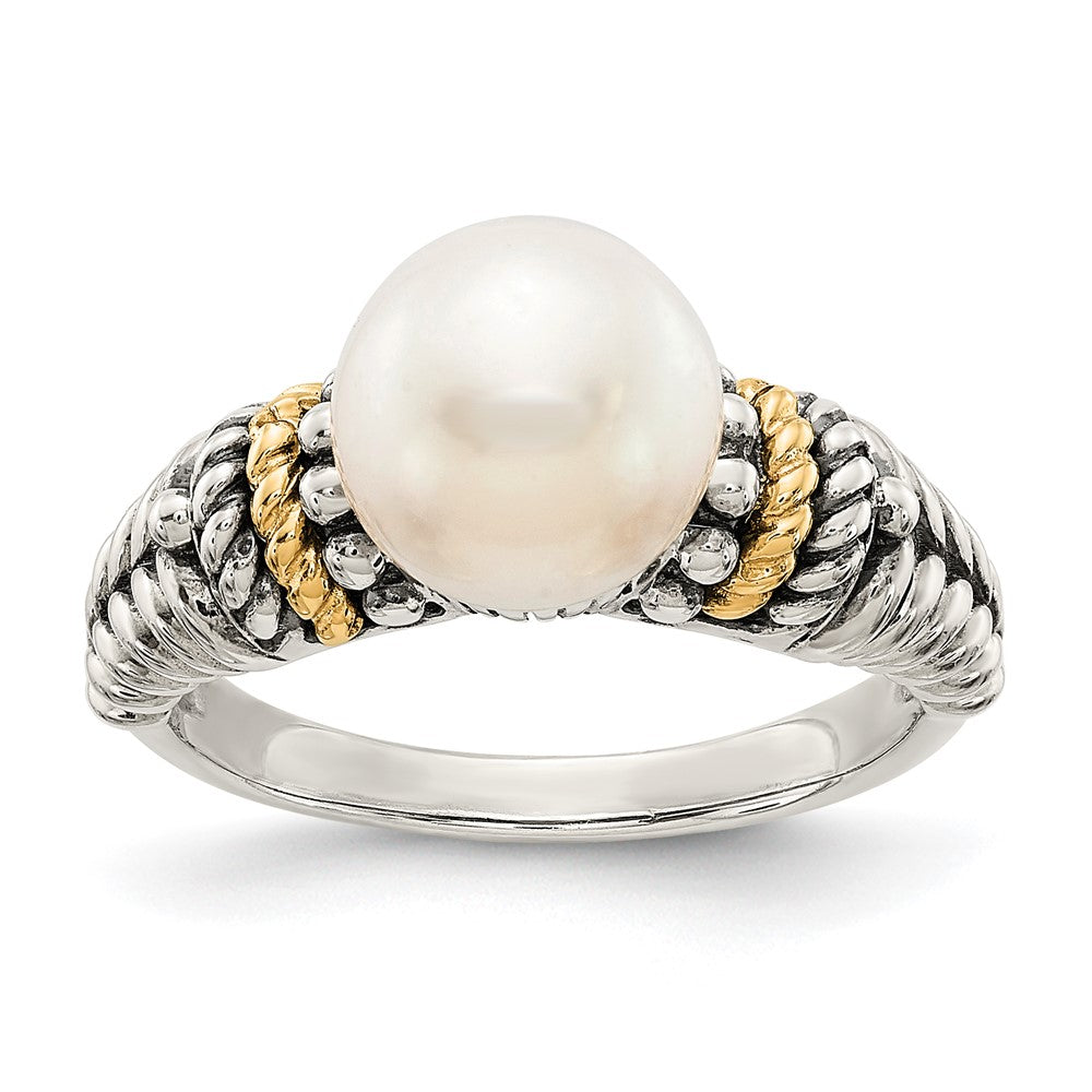 Sterling Silver Antiqued w/14k 8mm FW Cultured Pearl Ring