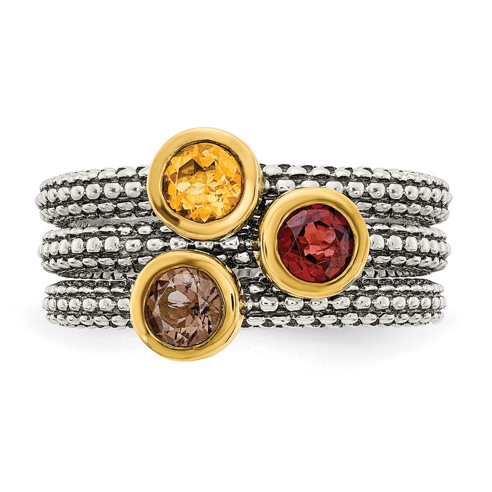 Sterling Silver Antiqued w/Flash GP Garnet/Citrine/Smky Quartz 3 Ring Set