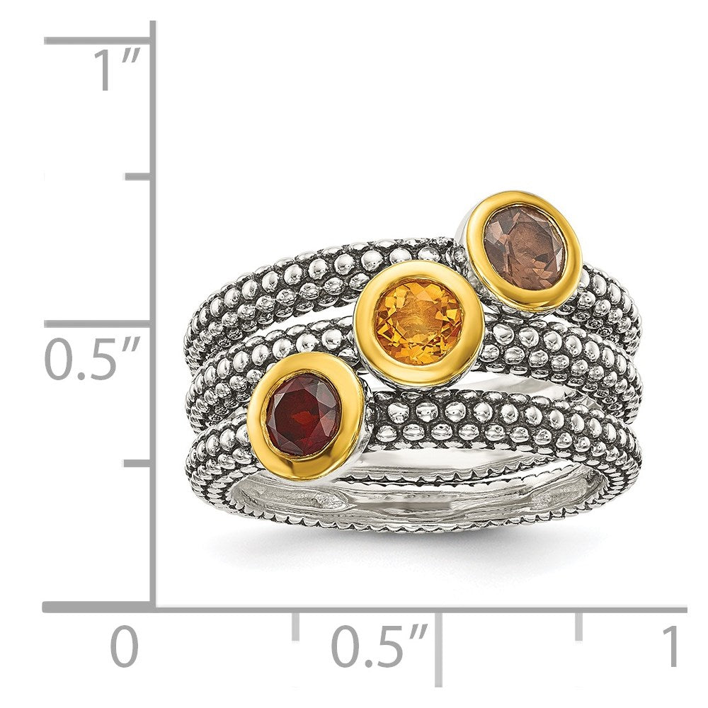 Sterling Silver Antiqued w/Flash GP Garnet/Citrine/Smky Quartz 3 Ring Set