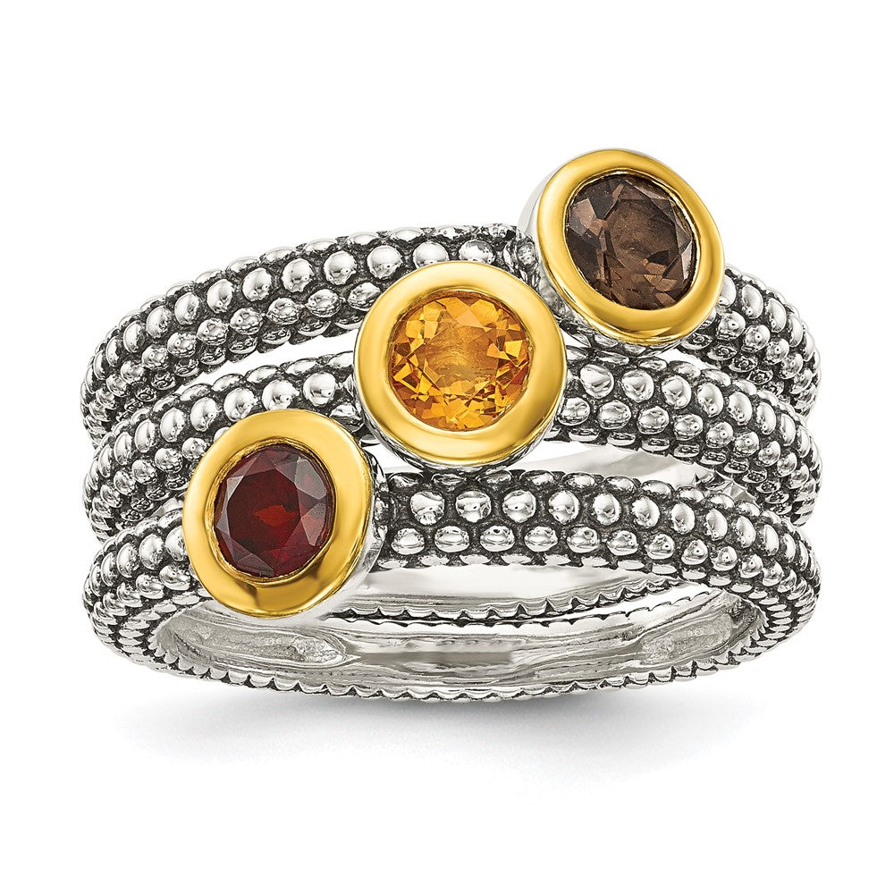 Sterling Silver Antiqued w/Flash GP Garnet/Citrine/Smky Quartz 3 Ring Set