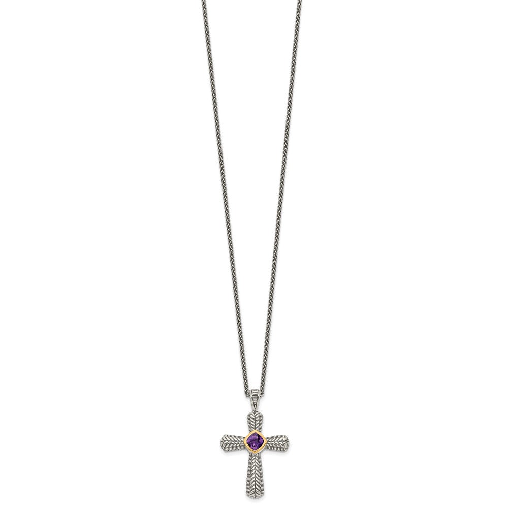 Sterling Silver Antiqued w/14k Amethyst Cross Necklace