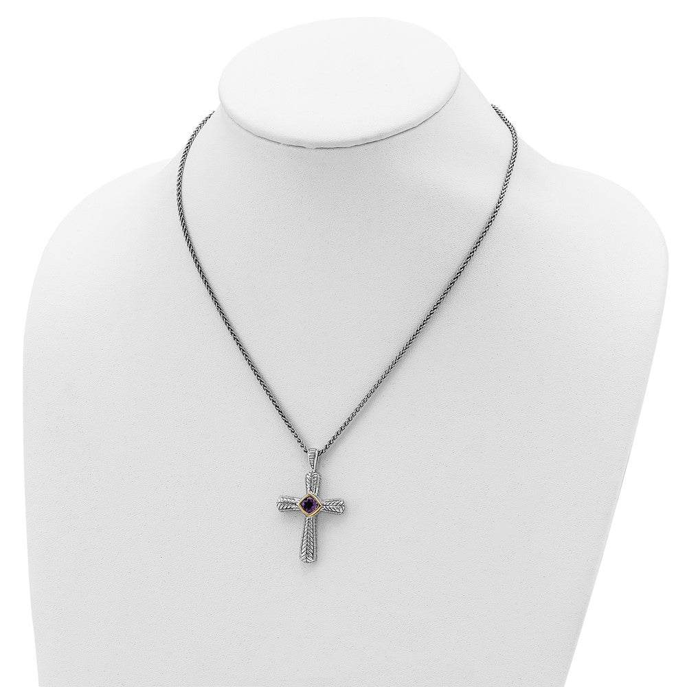 Sterling Silver Antiqued w/14k Amethyst Cross Necklace